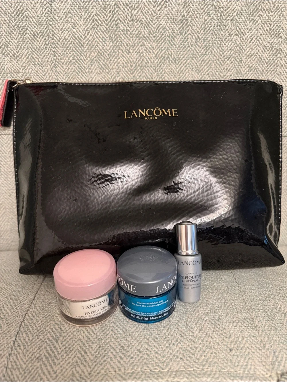 Lancôme Black Patent Cosmetic Bag with Pink and Blue Accents